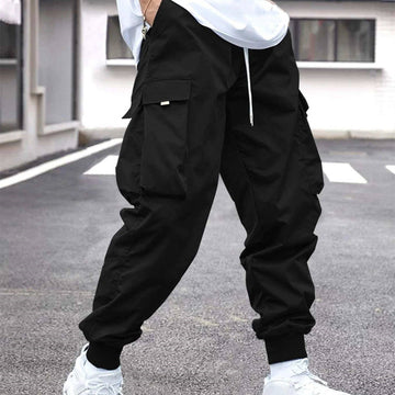 Men Flap Pocket Side Drawstring Waist Cargo Pants