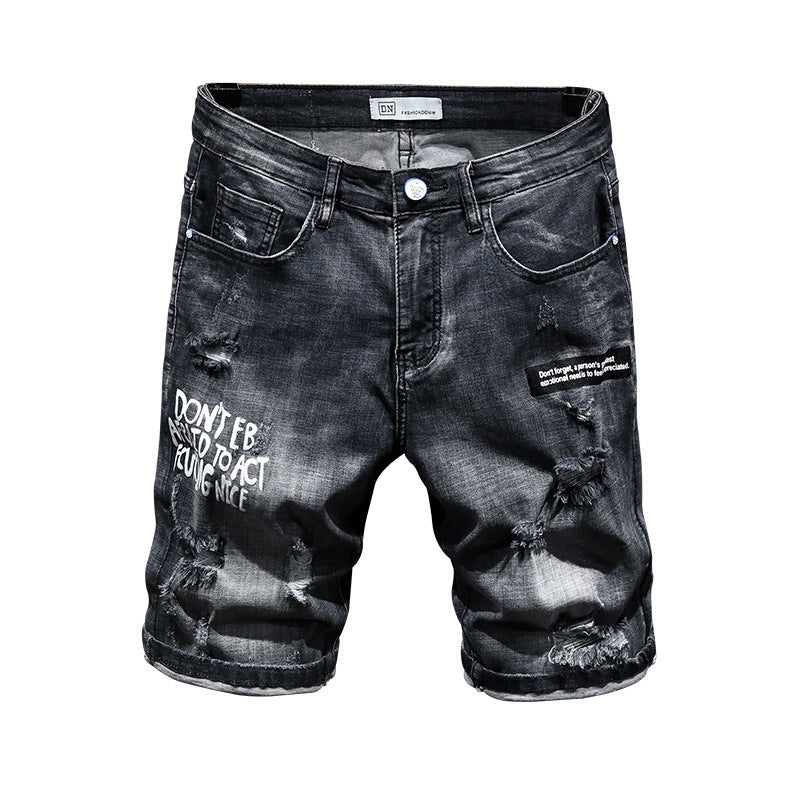 Summer Fashion Brand Worn Out Denim Shorts Youth Handsome 5-point Denim Small Straight Breeches Men"s Denim Pants