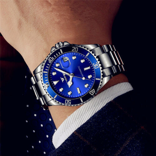 Fashion Men Watch Stainless Steel Analog Quartz Classic Male Wristwatch, Blue